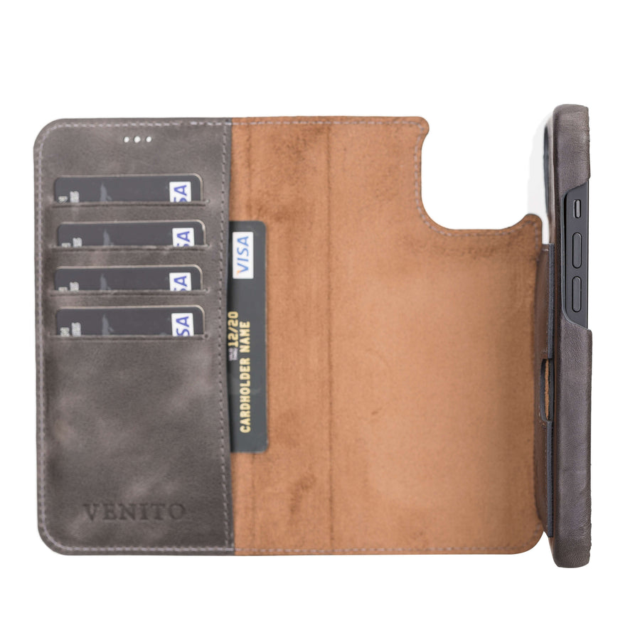 Florence Luxury Gray Leather iPhone 13 Detachable Wallet Case with Card Holder & MagSafe - Venito - 3