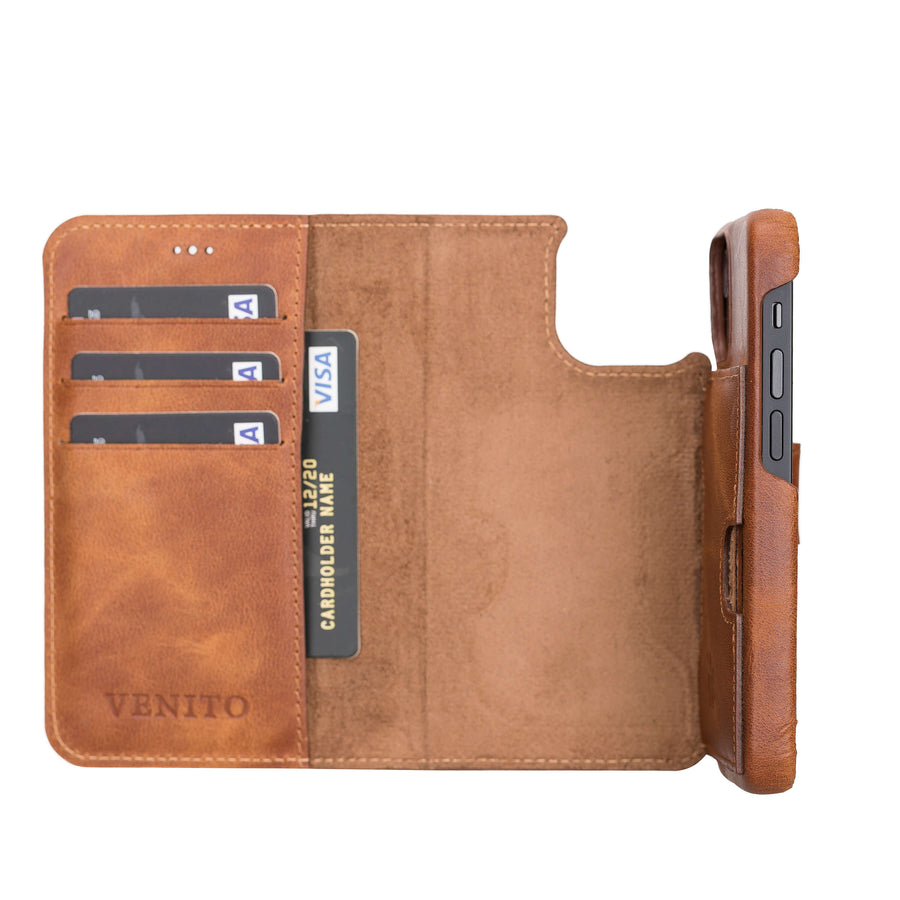 Florence Luxury Brown Leather iPhone 13 Mini Detachable Wallet Case with Card Holder & MagSafe - Venito - 3