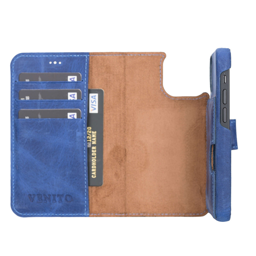 Florence Luxury Blue Leather iPhone 13 Mini Detachable Wallet Case with Card Holder & MagSafe - Venito - 3