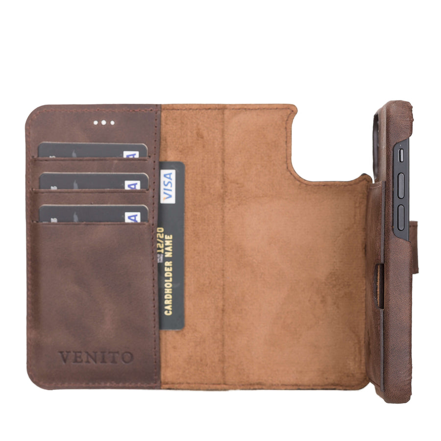 Florence Luxury Dark Brown Leather iPhone 13 Mini Detachable Wallet Case with Card Holder & MagSafe - Venito - 3