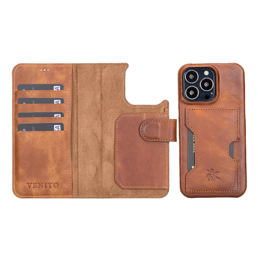 Florence Luxury Brown Leather iPhone 13 Pro Detachable Wallet Case with Card Holder & MagSafe - Venito - 1