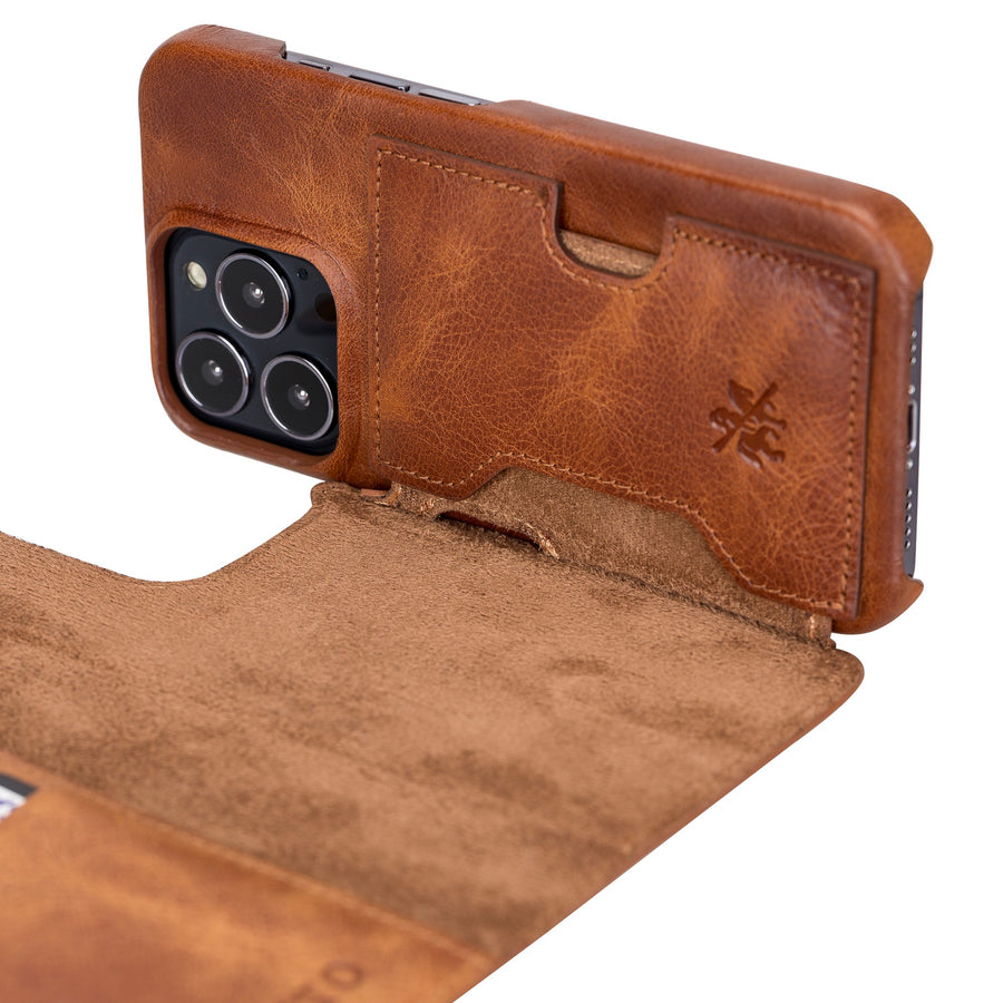 Florence Luxury Brown Leather iPhone 13 Pro Detachable Wallet Case with Card Holder & MagSafe - Venito - 4