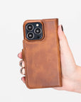 Florence Luxury Brown Leather iPhone 13 Pro Detachable Wallet Case with Card Holder & MagSafe - Venito - 9