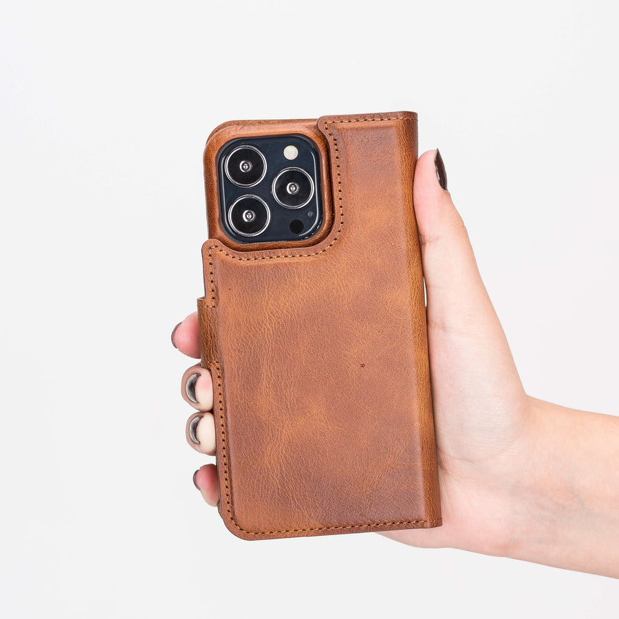 Florence Luxury Brown Leather iPhone 13 Pro Detachable Wallet Case with Card Holder & MagSafe - Venito - 9