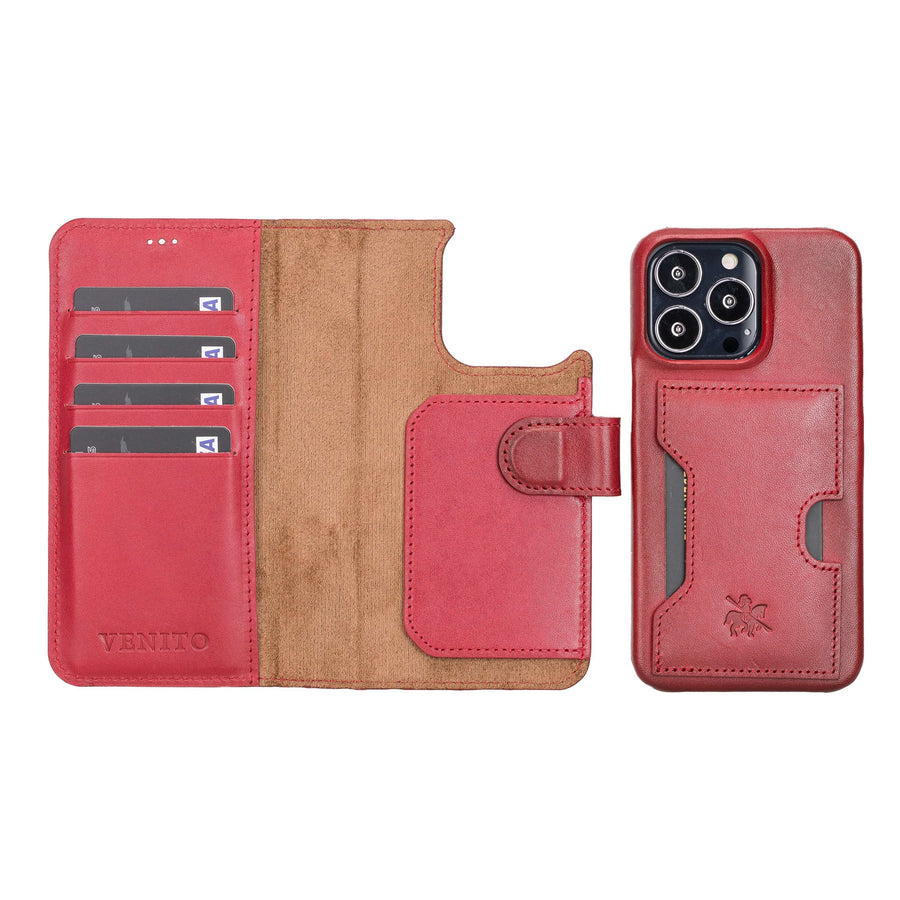 Florence Luxury Red Leather iPhone 13 Pro Detachable Wallet Case with Card Holder & MagSafe - Venito - 1