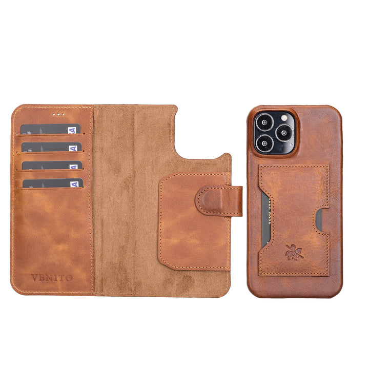 Florence Luxury Brown Leather iPhone 13 Pro Max Detachable Wallet Case with Card Holder & MagSafe - Venito - 1