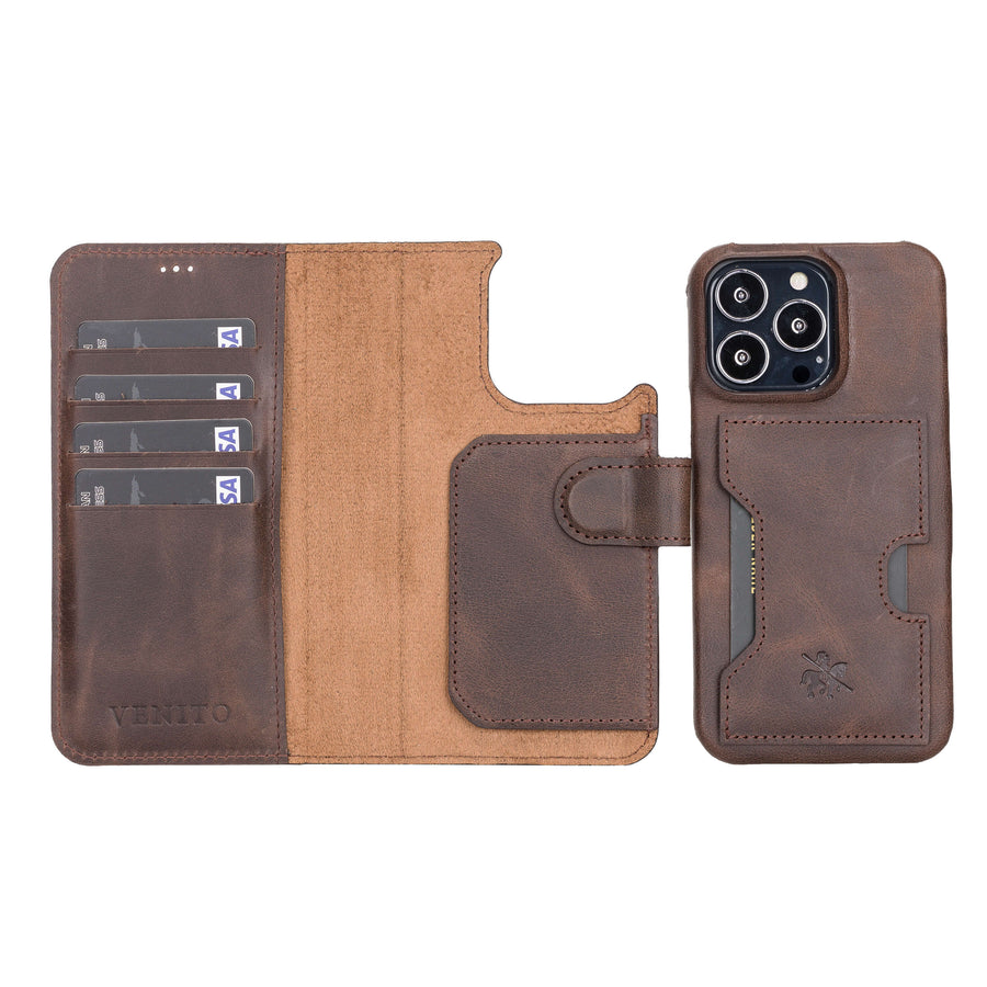 Florence Luxury Dark Brown Leather iPhone 13 Pro Max Detachable Wallet Case with Card Holder & MagSafe - Venito - 1