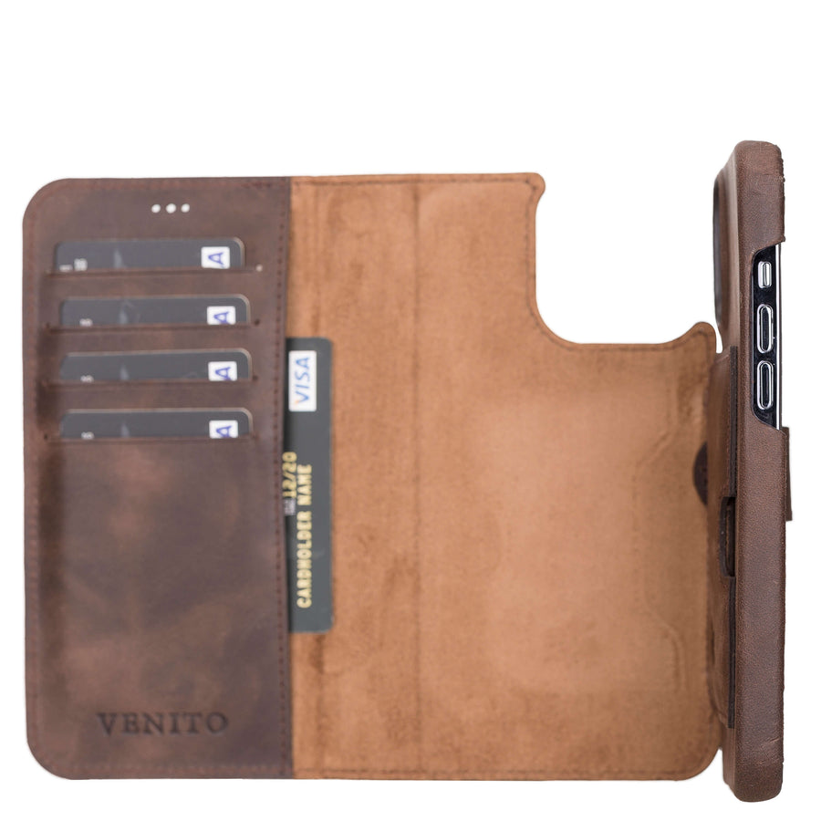 Florence Luxury Dark Brown Leather iPhone 13 Pro Max Detachable Wallet Case with Card Holder & MagSafe - Venito - 3