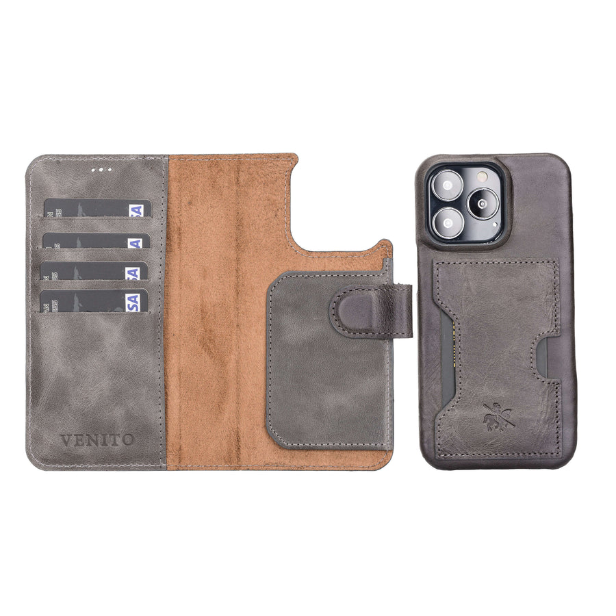 Florence Luxury Gray Leather iPhone 13 Pro Max Detachable Wallet Case with Card Holder & MagSafe - Venito - 1