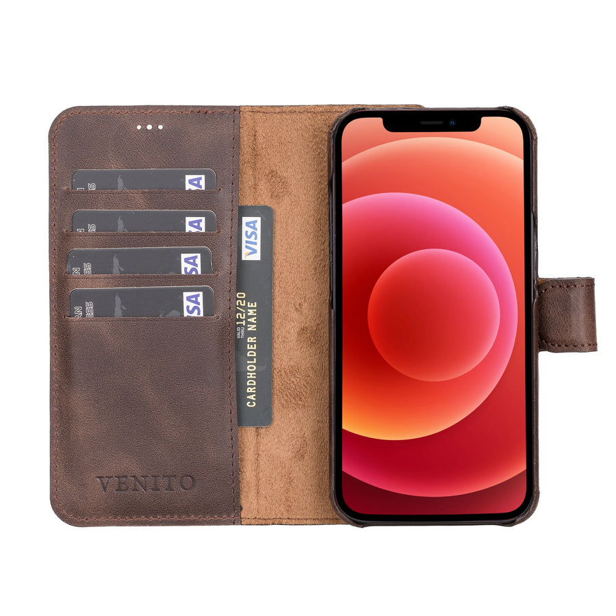 Venito Capri Leather Wallet Case Compatible with iPhone 14 Pro Max Case with Card Holder – Extra Secure with RFID Blocking (Antique Brown)