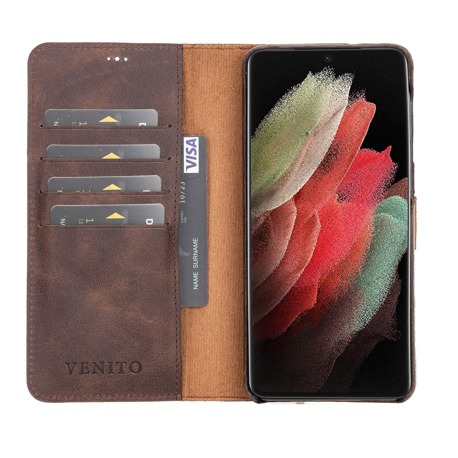 Luxury Dark Brown Leather Samsung Galaxy S21 Plus Detachable Wallet Case with Card Holder - Venito - 1