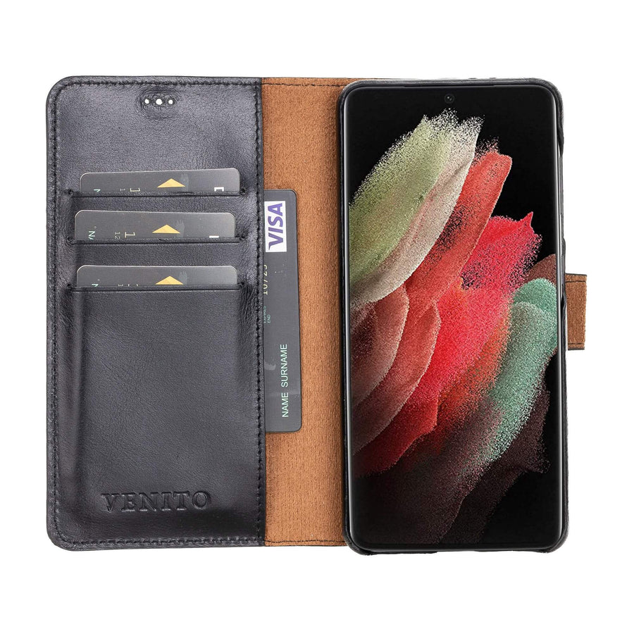 Luxury Black Leather Samsung Galaxy S21 Detachable Wallet Case with Card Holder - Venito - 1