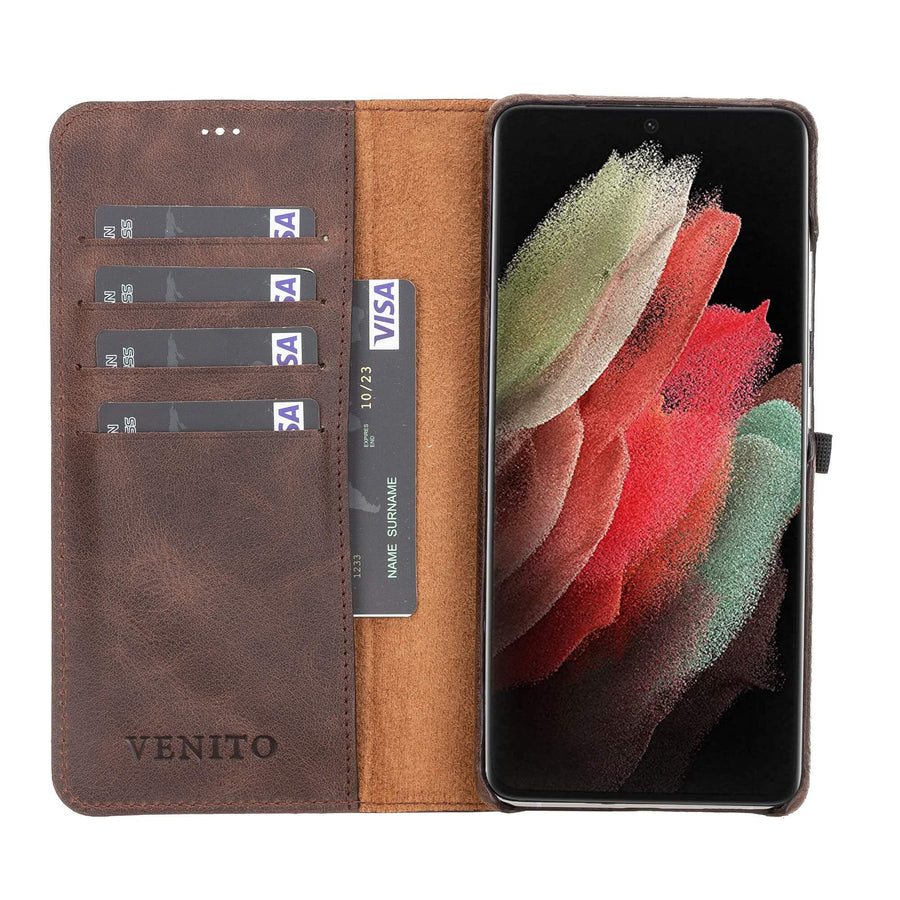 Luxury Dark Brown Leather Samsung Galaxy S21 Ultra Detachable Wallet Case with Card Holder - Venito - 1