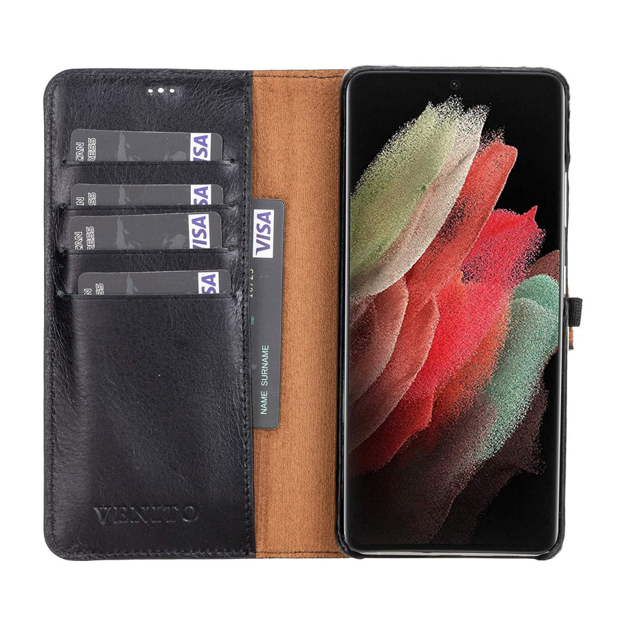 Luxury Black Leather Samsung Galaxy S21 Ultra Detachable Wallet Case with Card Holder - Venito - 1