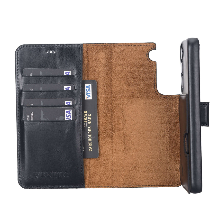 Luxury Black Leather Samsung Galaxy S22 Detachable Wallet Case with Card Holder - Venito - 3