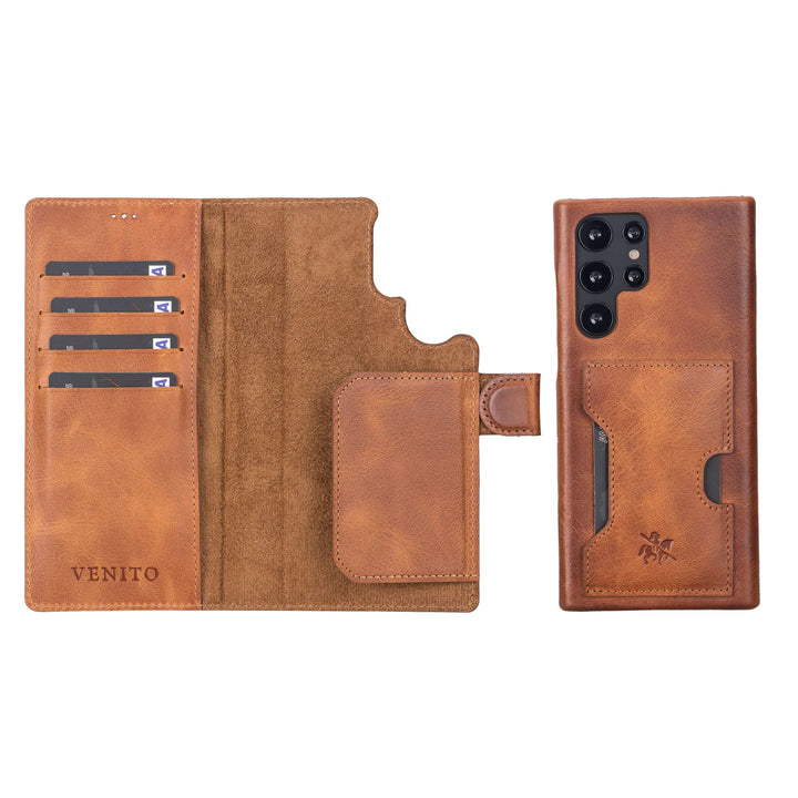 Luxury Brown Leather Samsung Galaxy S22 Ultra Detachable Wallet Case with Card Holder - Venito - 1