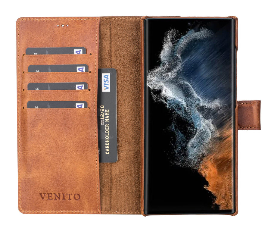 Luxury Brown Leather Samsung Galaxy S22 Ultra Detachable Wallet Case with Card Holder - Venito - 2