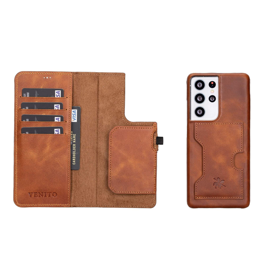 Luxury Brown Leather Samsung Galaxy S21 Ultra Detachable Wallet Case with Card Holder - Venito - 1