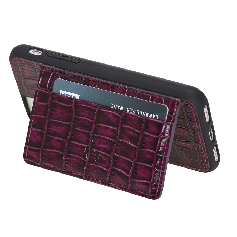 Luxury Purple Crocodile Leather iPhone 8 Back Cover Case with Card Holder and Kickstand - Venito - 1