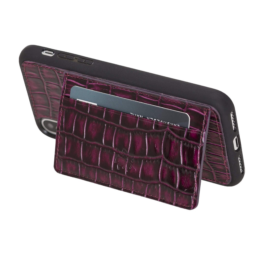 Luxury Purple Crocodile Leather iPhone X Back Cover Case with Card Holder and Kickstand - Venito - 1