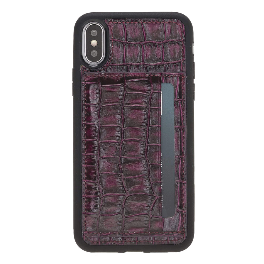 Luxury Purple Crocodile Leather iPhone X Back Cover Case with Card Holder and Kickstand - Venito - 2