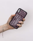 Luxury Purple Crocodile Leather iPhone X Back Cover Case with Card Holder and Kickstand - Venito - 5