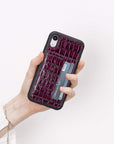 Luxury Purple Crocodile Leather iPhone XR Back Cover Case with Card Holder and Kickstand - Venito - 5