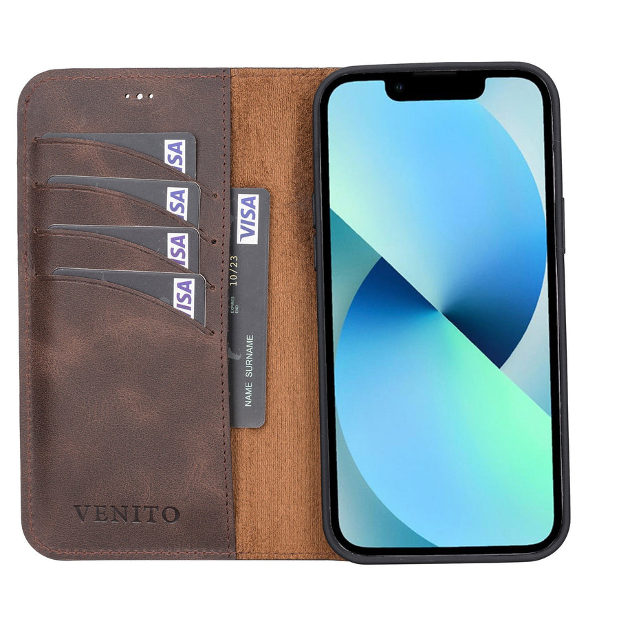Venito Capri Leather Wallet Case Compatible with iPhone 14 Pro Max Case with Card Holder – Extra Secure with RFID Blocking (Antique Brown)