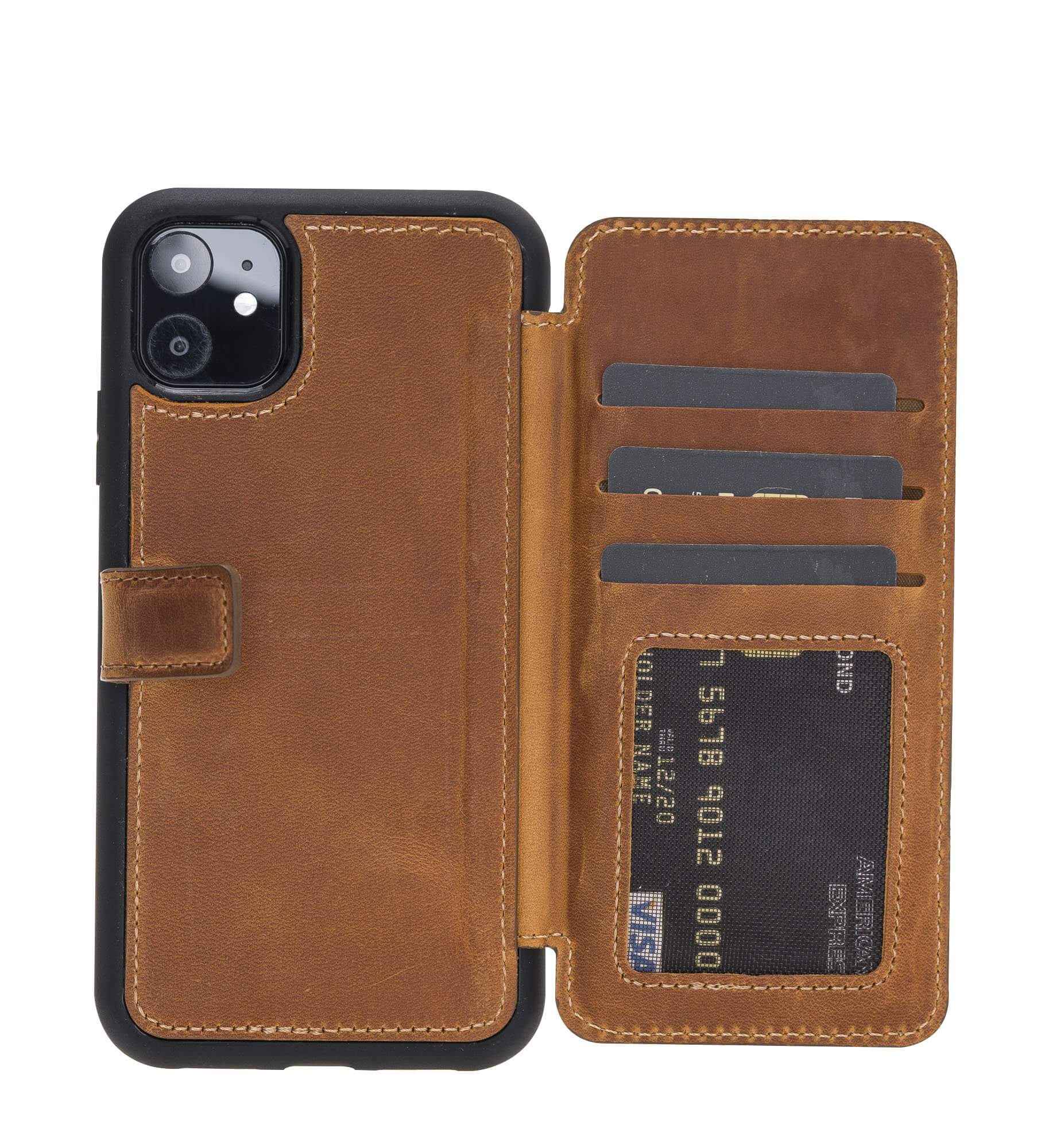 Verona Luxury Brown Leather iPhone 11 Flip-Back Wallet Case with Card Holder - Venito - 1
