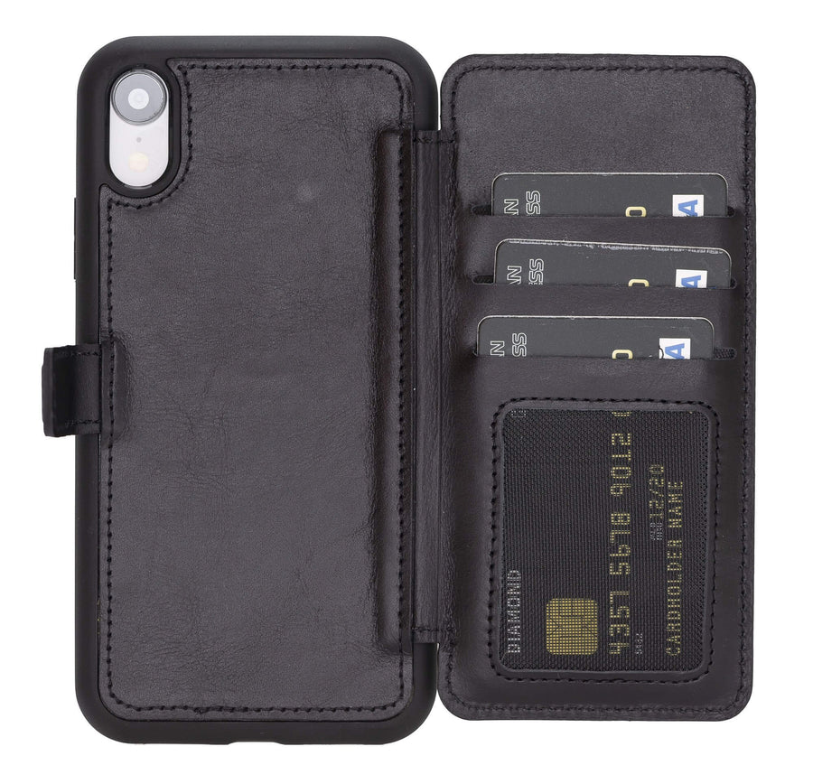 Verona Luxury Black Leather iPhone XR Flip-Back Wallet Case with Card Holder - Venito - 1
