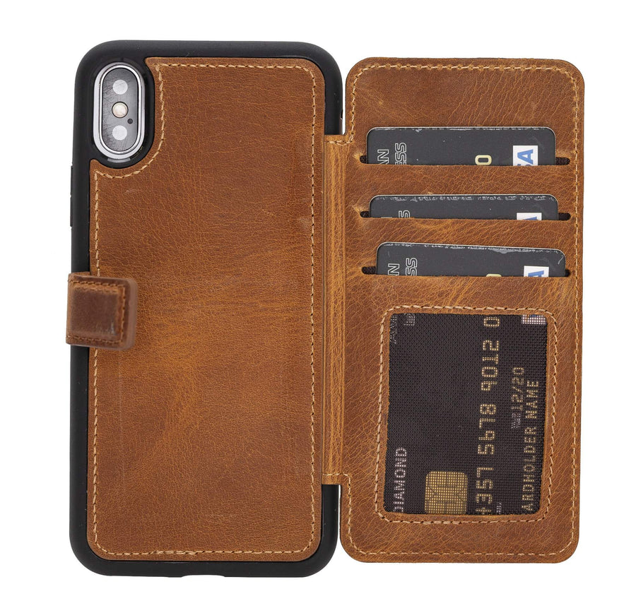 Verona Luxury Brown Leather iPhone XS Flip-Back Wallet Case with Card Holder - Venito - 1
